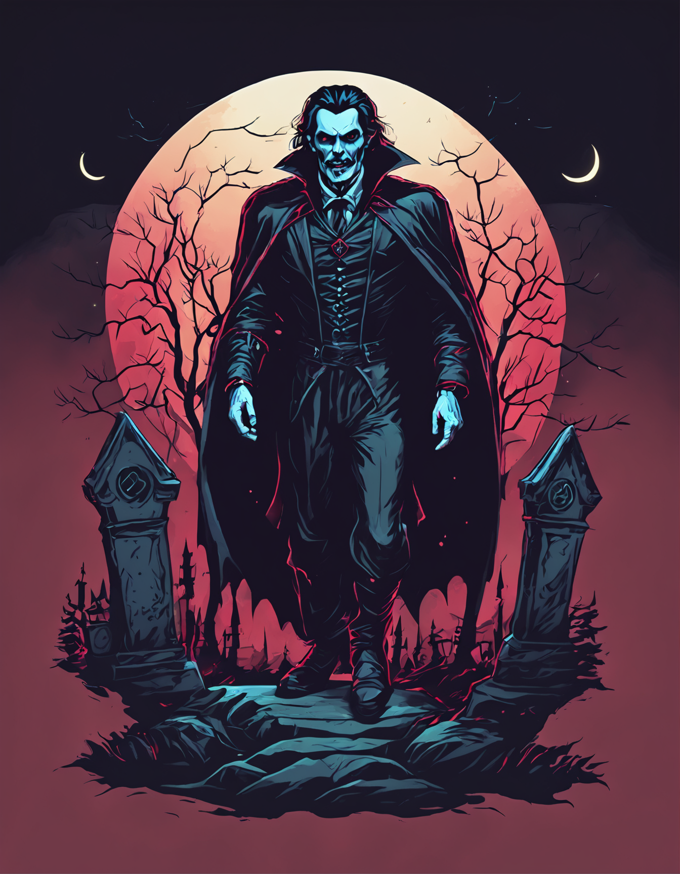 Count Dracula in a graveyard at night, Foggy with moon light, ~*~Enhance~*~, (style of Dan Mumford:1...
