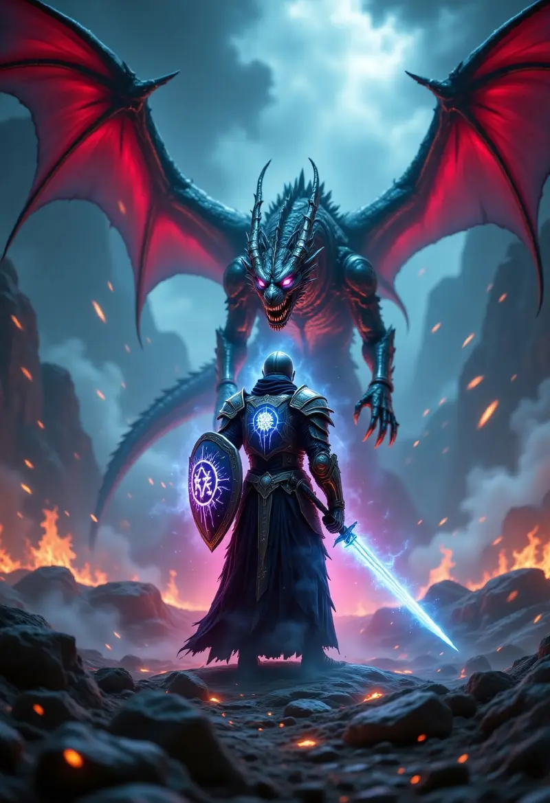A dramatic battle scene featuring a heroic medieval knight with a glowing mechanical shield, fighting a fierce dragon. T