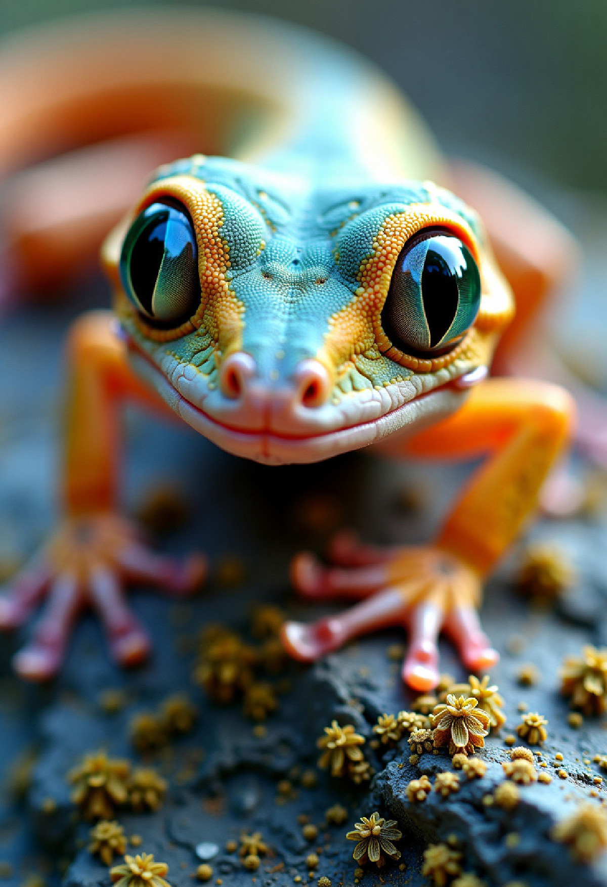 'Stealth' Macro close up, fantasy surreal perfect formed Gecko sunning on a lichen covered rock surface, by Craola, Seme