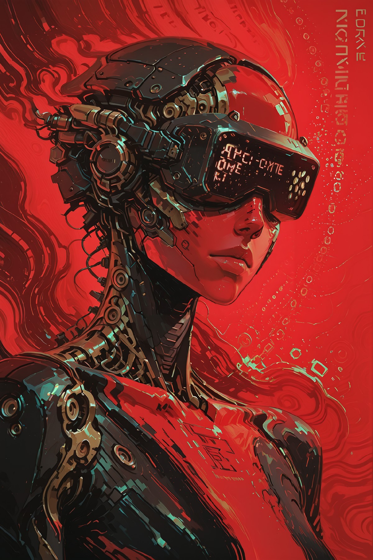 very awa, no humans, 1other, android, head-mounted display, binary, code, lines, transparent, mechanical arms, red backg