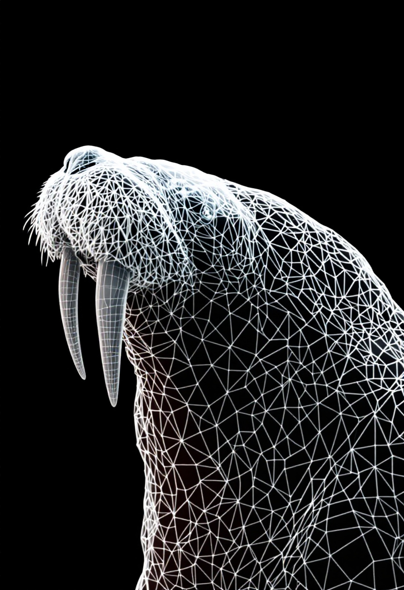 a 3d wireframe representation of a very detailed walrus. it should look like a blender 3d viewport w...