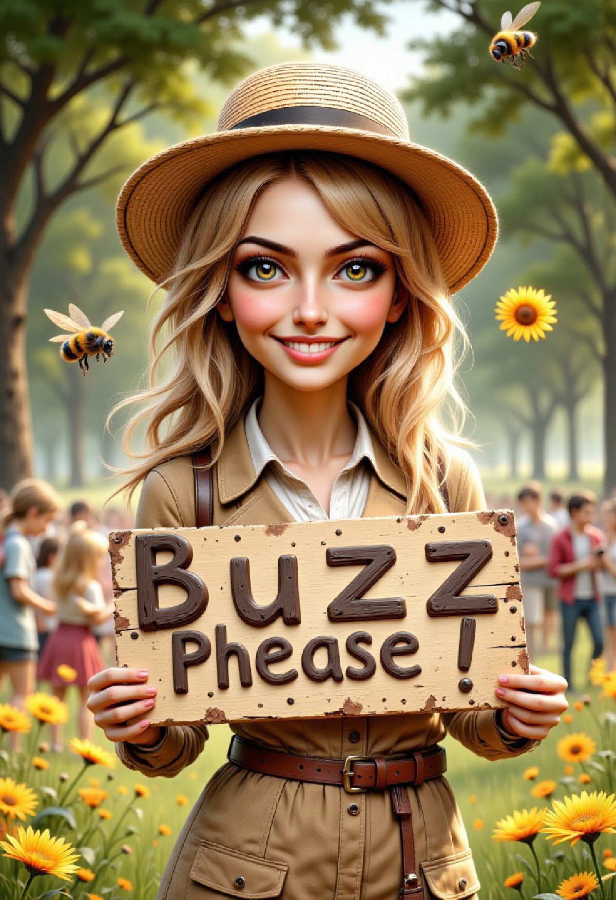 cute woman holding a sign "buzzz please ", pixar style