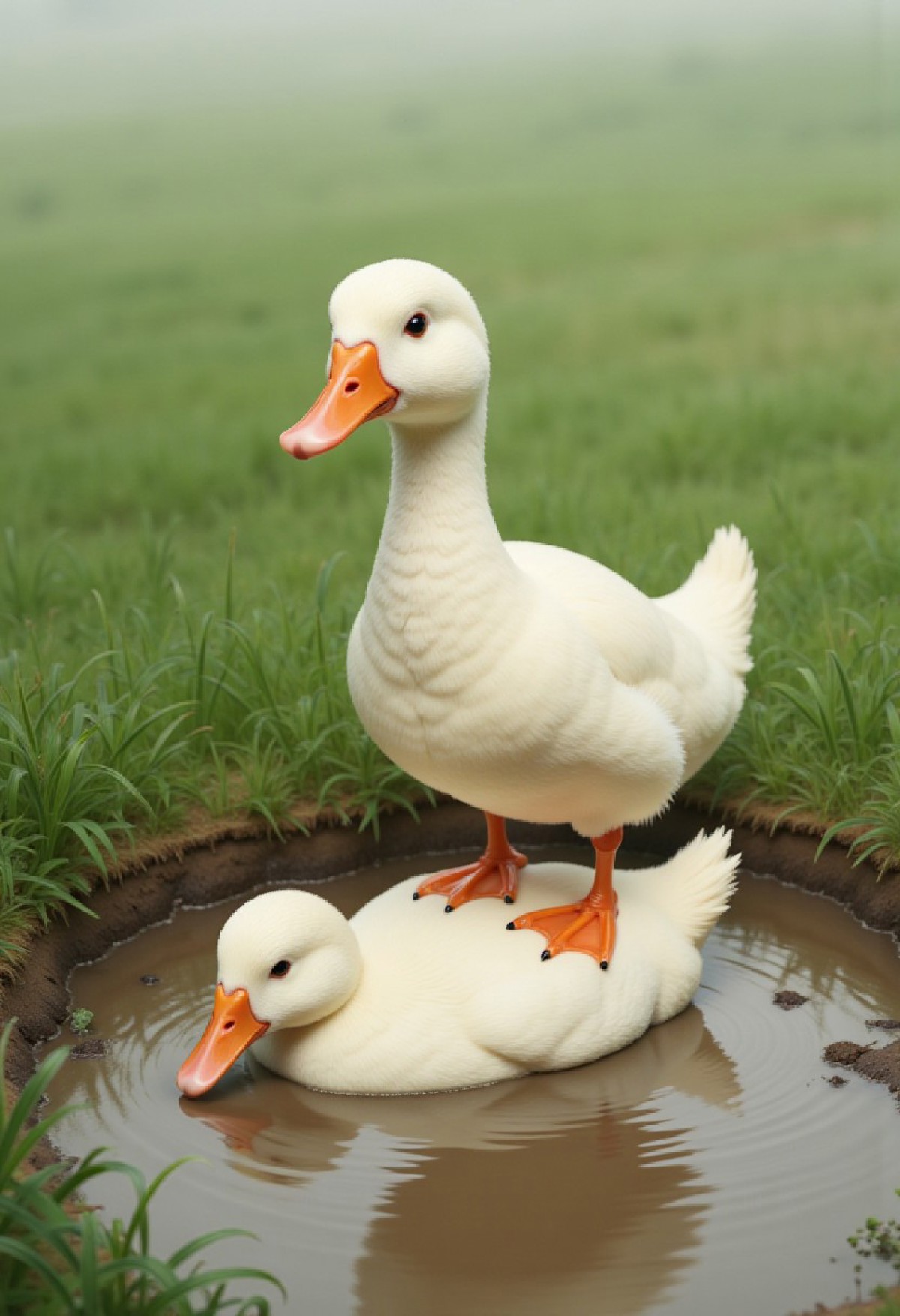A humorous and  depiction of two white ducks in a muddy puddle within a grassy field. The composition features one duck