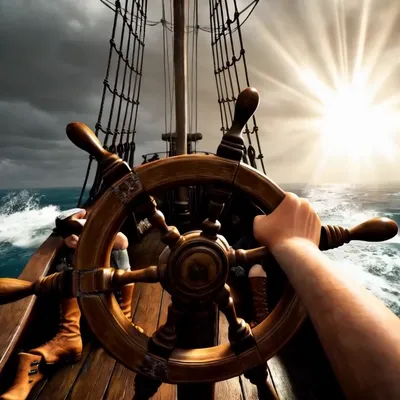 first person POV, hands holding a pirate ship steering wheel with visible cracks in the wood, leathe...
