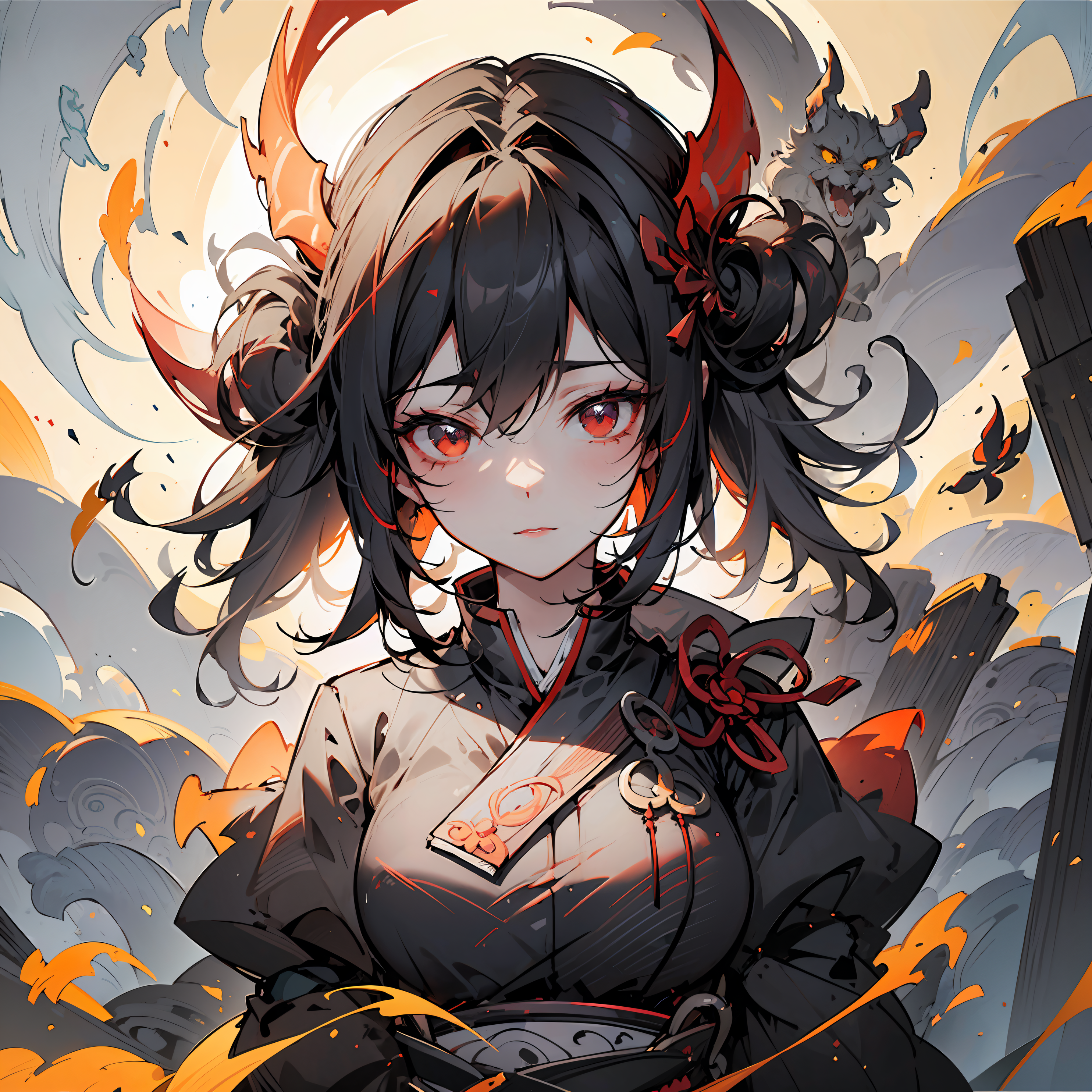 anime girl with horns and horns on her head in front of a gate, guweiz, artwork in the style of guwe...