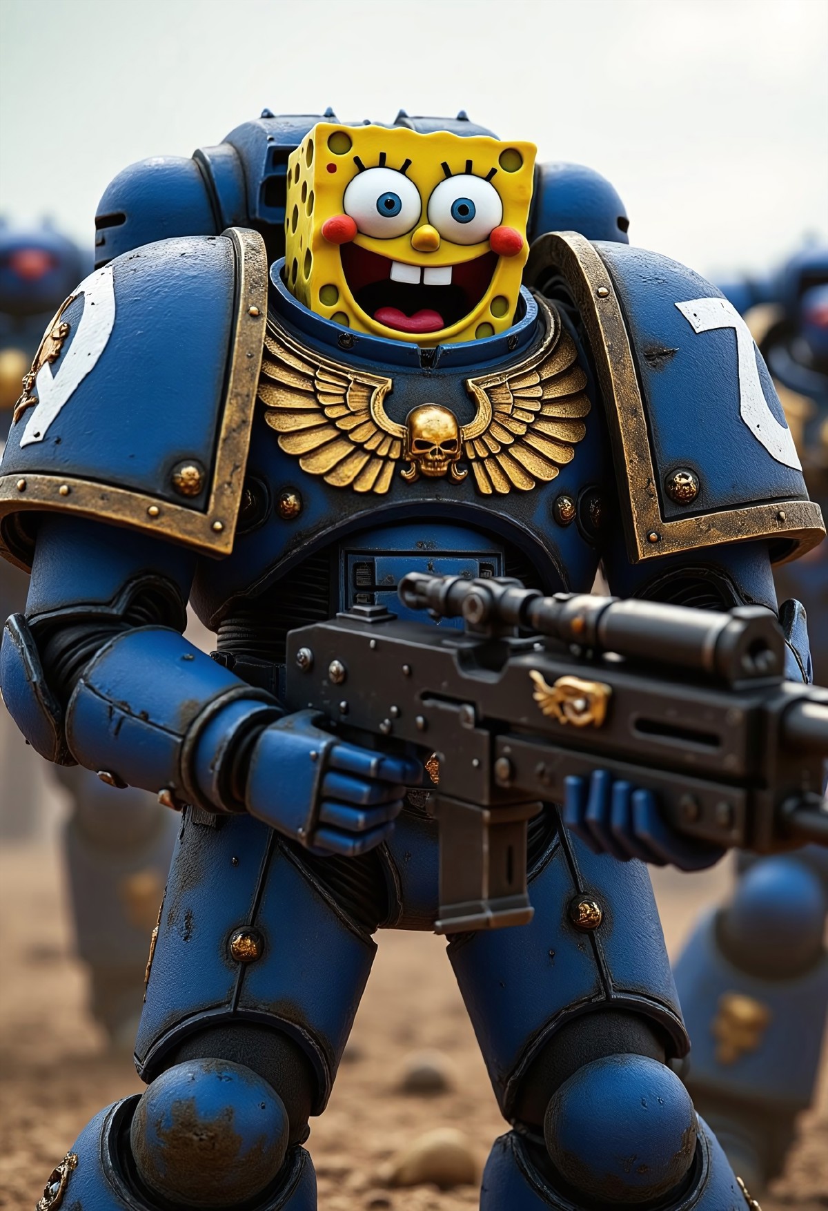 An Ultramarine torso clad in majestic, battle-scarred blue power armor, featuring the iconic gold Aquila and Ultramarine