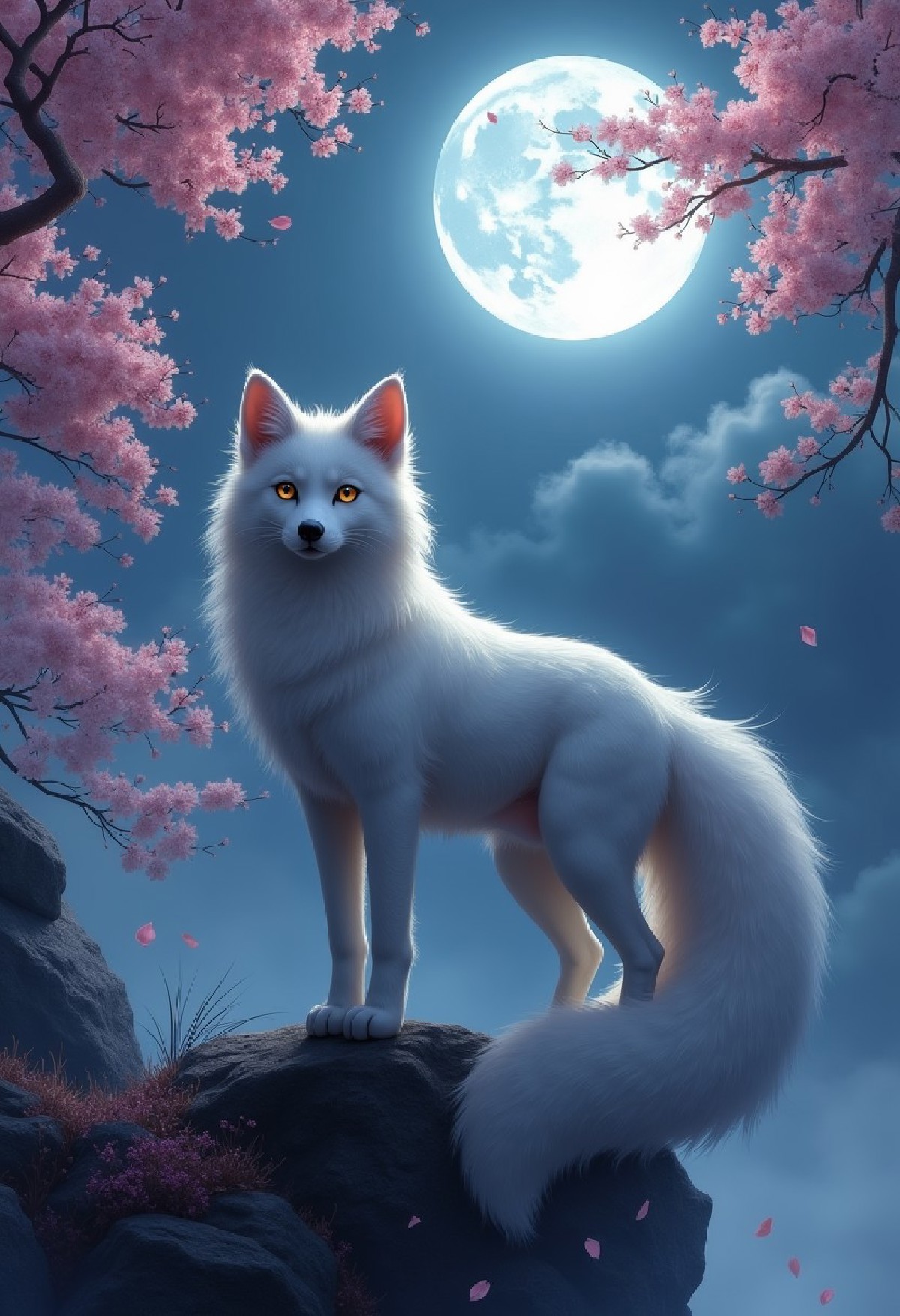 ((solo)) (feral, ninetales), female, looking at viewer, cherry blossom, night, flower, multi tail, full moon, shaded, ex