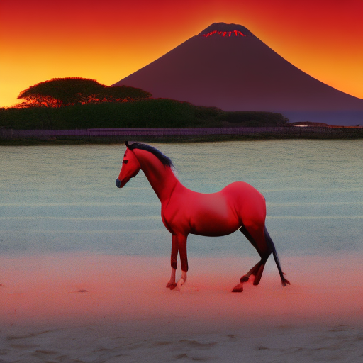 horse in forst, near beach, volcano in background, sunrise, two red moons in background