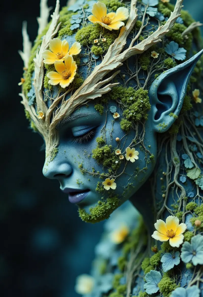 A hyper-realistic Close up shot of a figure completely made of blue moss and yellow oyster in whale form, full body zoom