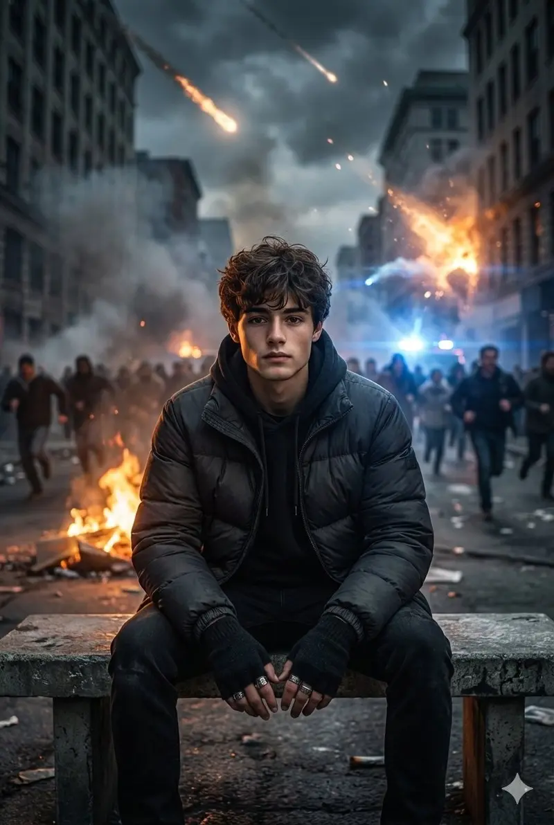 Cinematic Photorealistic Portrait of a Young Man in Urban Apocalypse